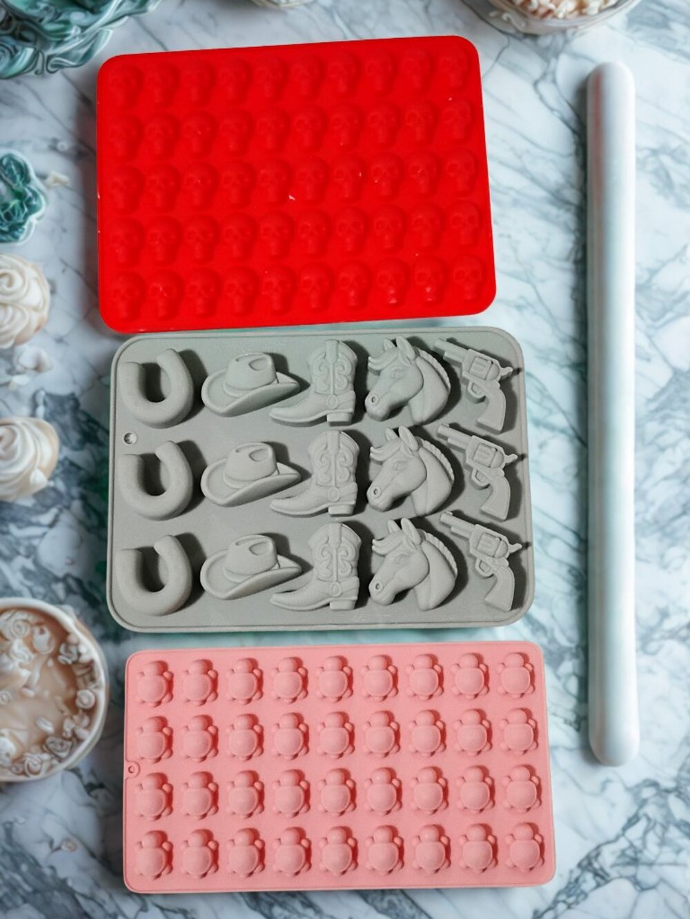 (3) Pc Lot Oven Proof Baking Silicone Molds Baby Turtle, Skulls & Western Cowboy